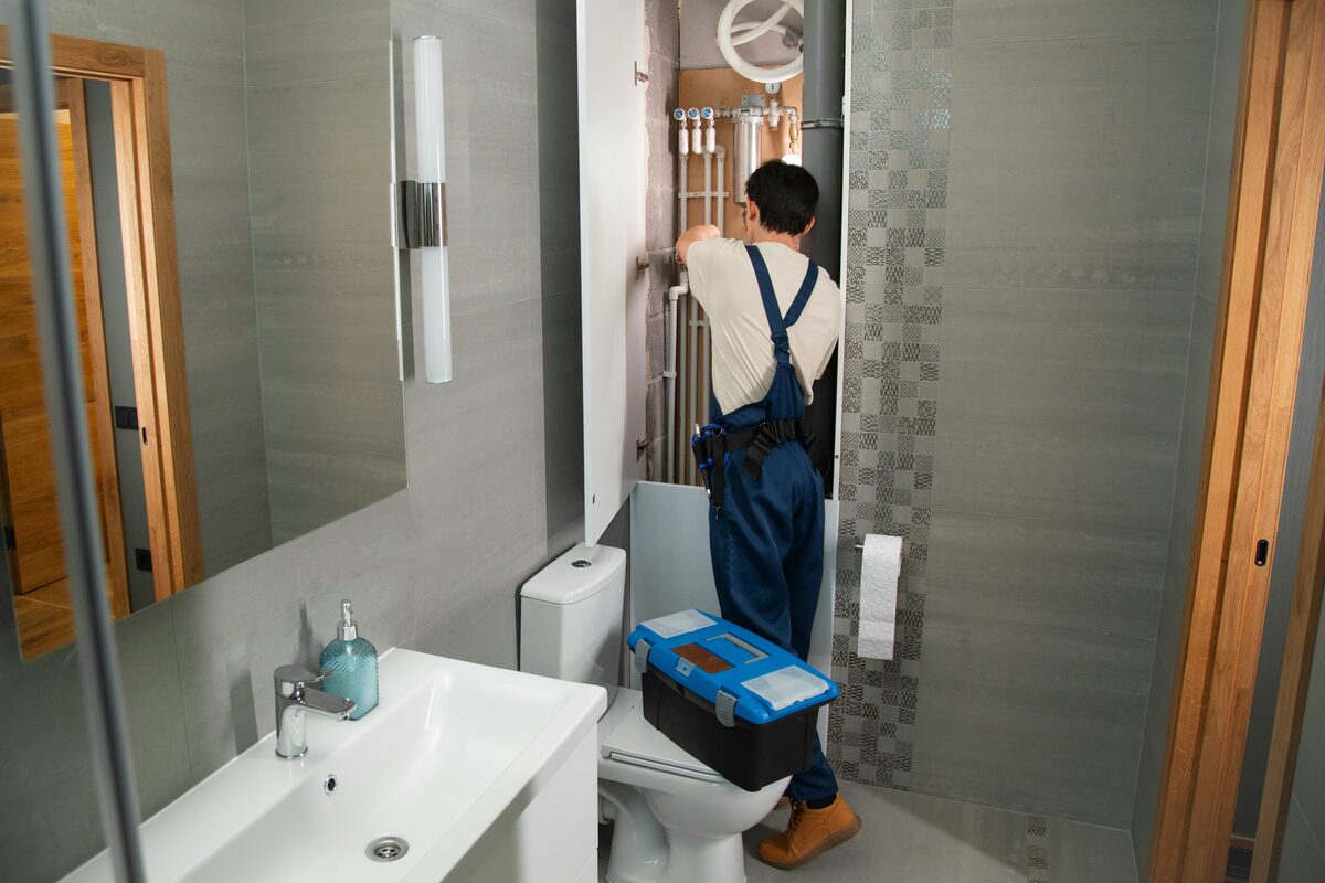 Plumber installing bathroom fixtures and pipework in a Bronx apartment
